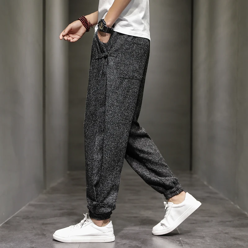 Spring and Summer Trend Disc Buckle Harem Pants Mens Breathable Cotton Pants for Men Buckle Casual Bloomers Fashion Trousers