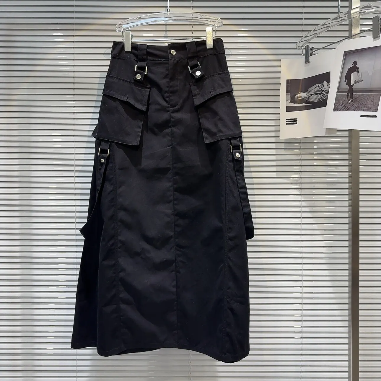Dark Style Utility Belted Midi Skirt A-Line  Skirt Casual Women's mid Waist Polyester Fabric H-Shape Standard Fit Skirt