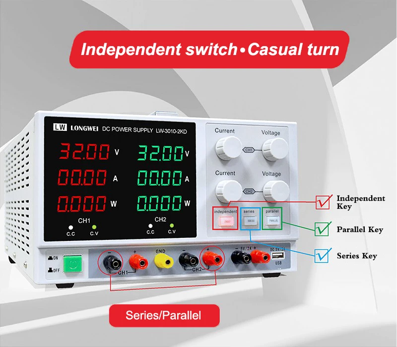 LONGWEI LW-3005-2KD 30V 10A двойной цифровой источник питания постоянного тока с 5V 2A USB