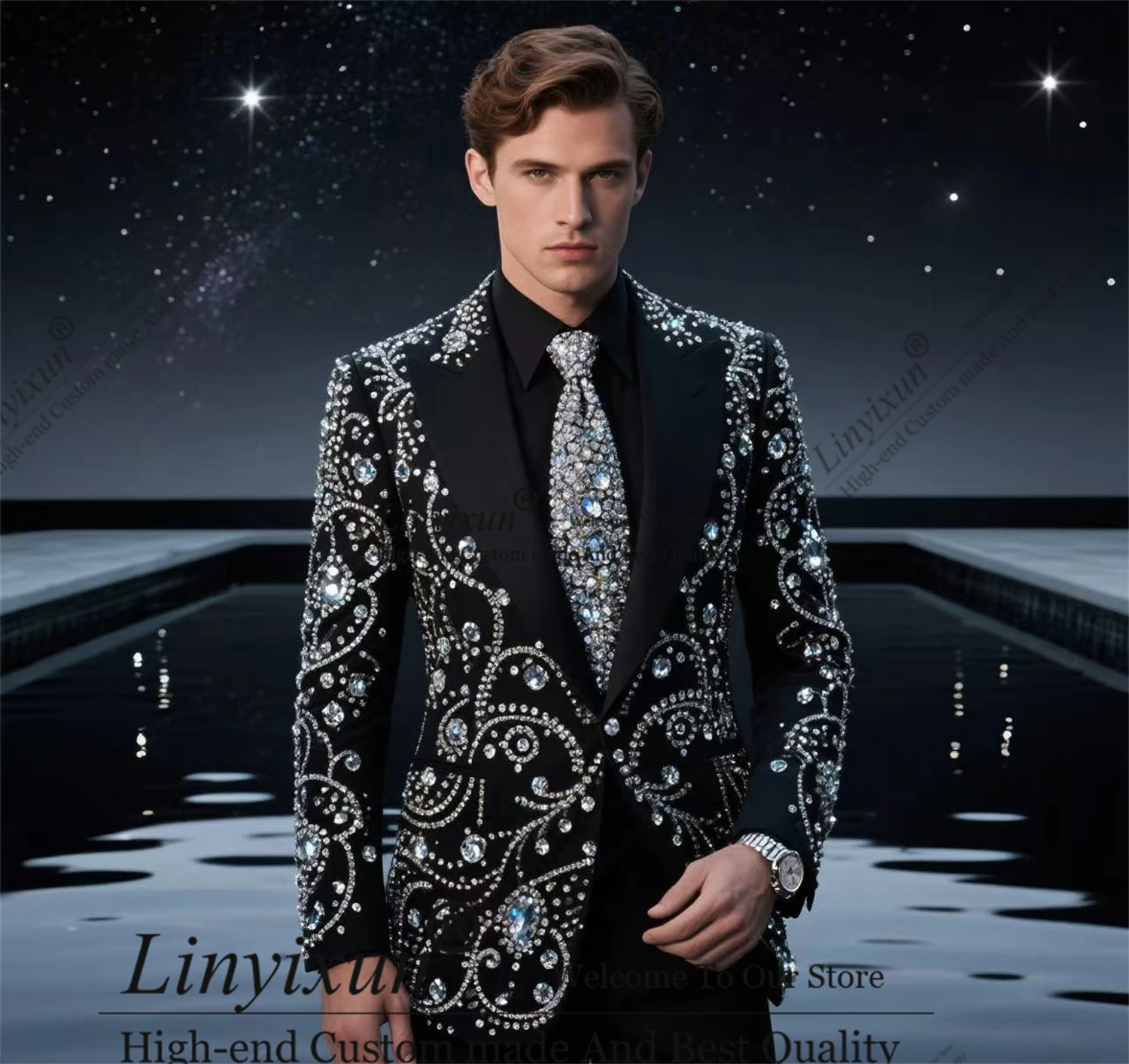 

Luxury Beaded Crystals Wedding Suits For Men 2 Piece Sets Groom Tuxedos 2025 Slim Fit Glitter Male Party Ropa Hombre Customized