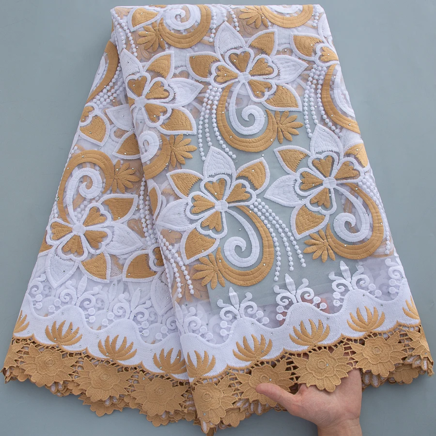 

Delicate White Gold Mesh Lace Fabric, French Net Lace with Rhinestones for African Women’s Evening & Formal Dresses
