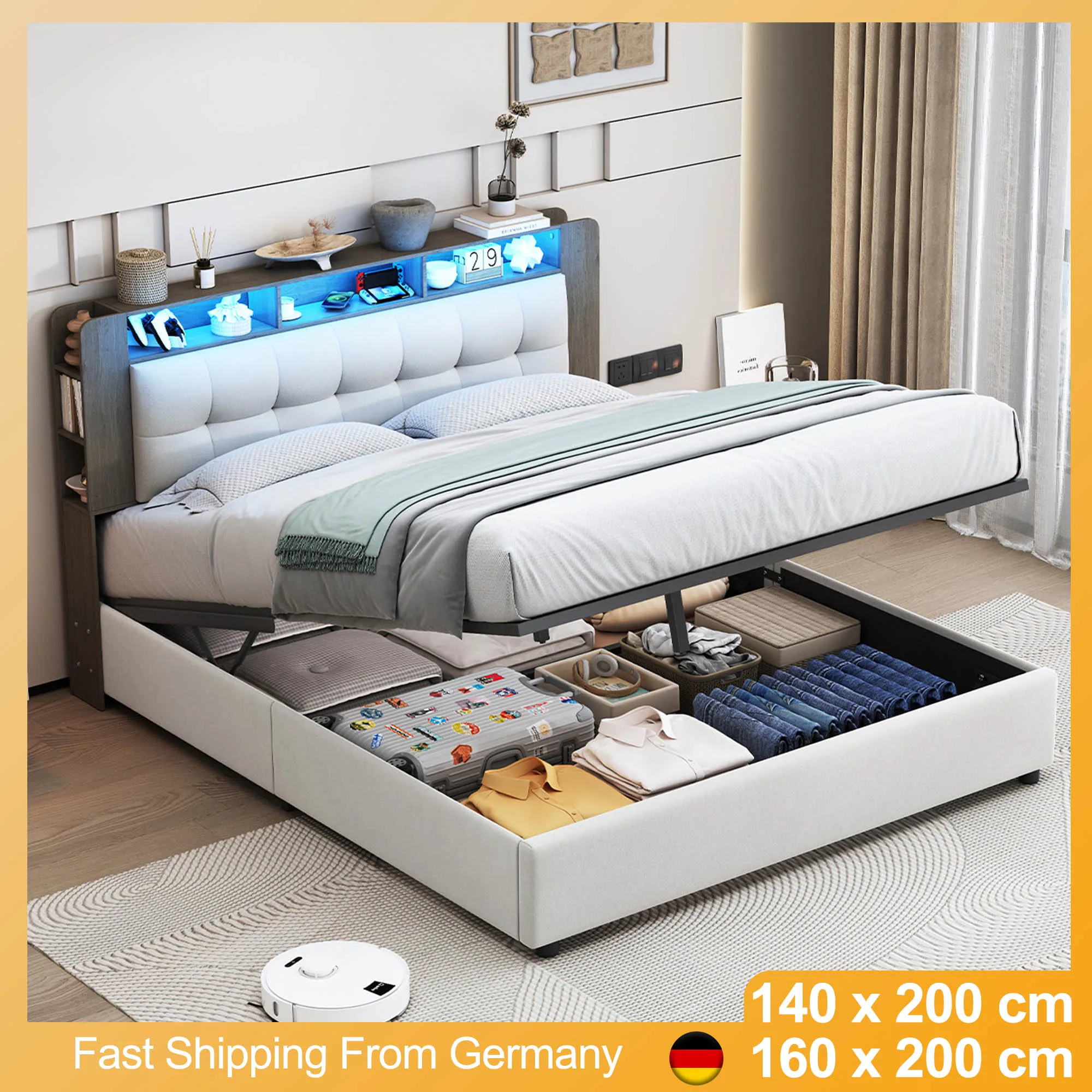 Upholstered Bed Bed Frame with Bed Box, Single and Double Bed with RGB LED, Hydraulic Storage Bed with Wooden Slatted Frame