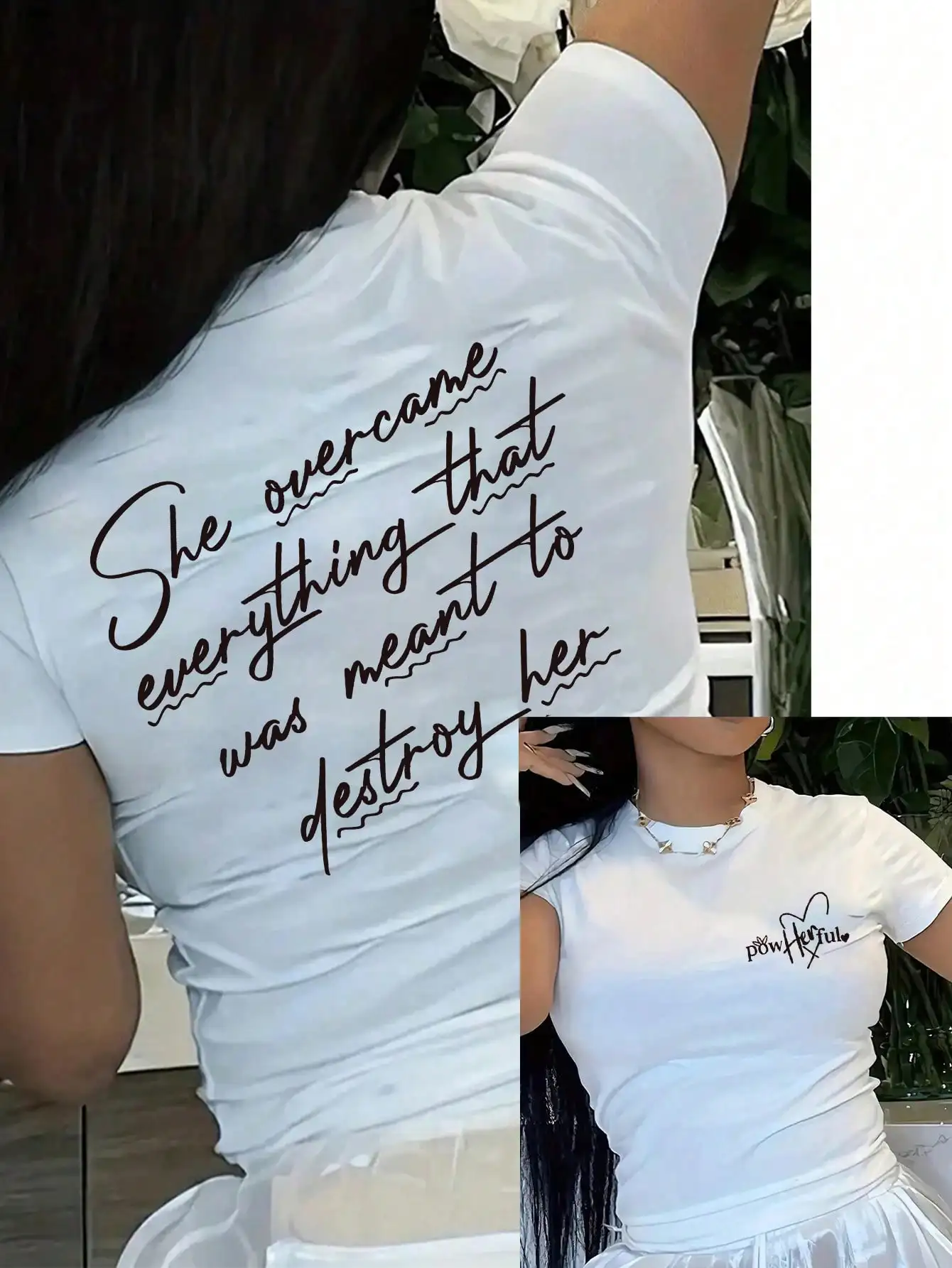 

White Short-Sleeve Casual T-Shirt with Inspirational Back Slogan Print