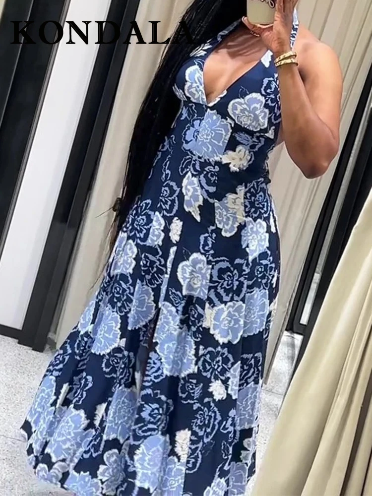 เดรสลายดอกไม้ KONDALA 202 สำหรับผู้หญิง แขนกุด คอเสื้อแบบผูก  ความยาวปานกลาง สไตล์วินเทจ จับจีบ แฟชั่นเก๋ โชว์หลัง  ชุดเดรสผู้หญิง