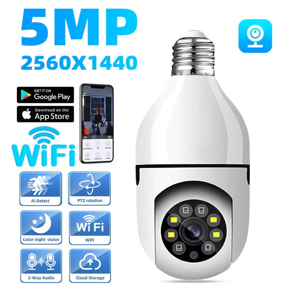 

5MP E27 Bulb Security Camera Smart Home Night Vision Automatic Human Tracking Bulb Wifi IP Surveillance PTZ Cam Indoor Monitor