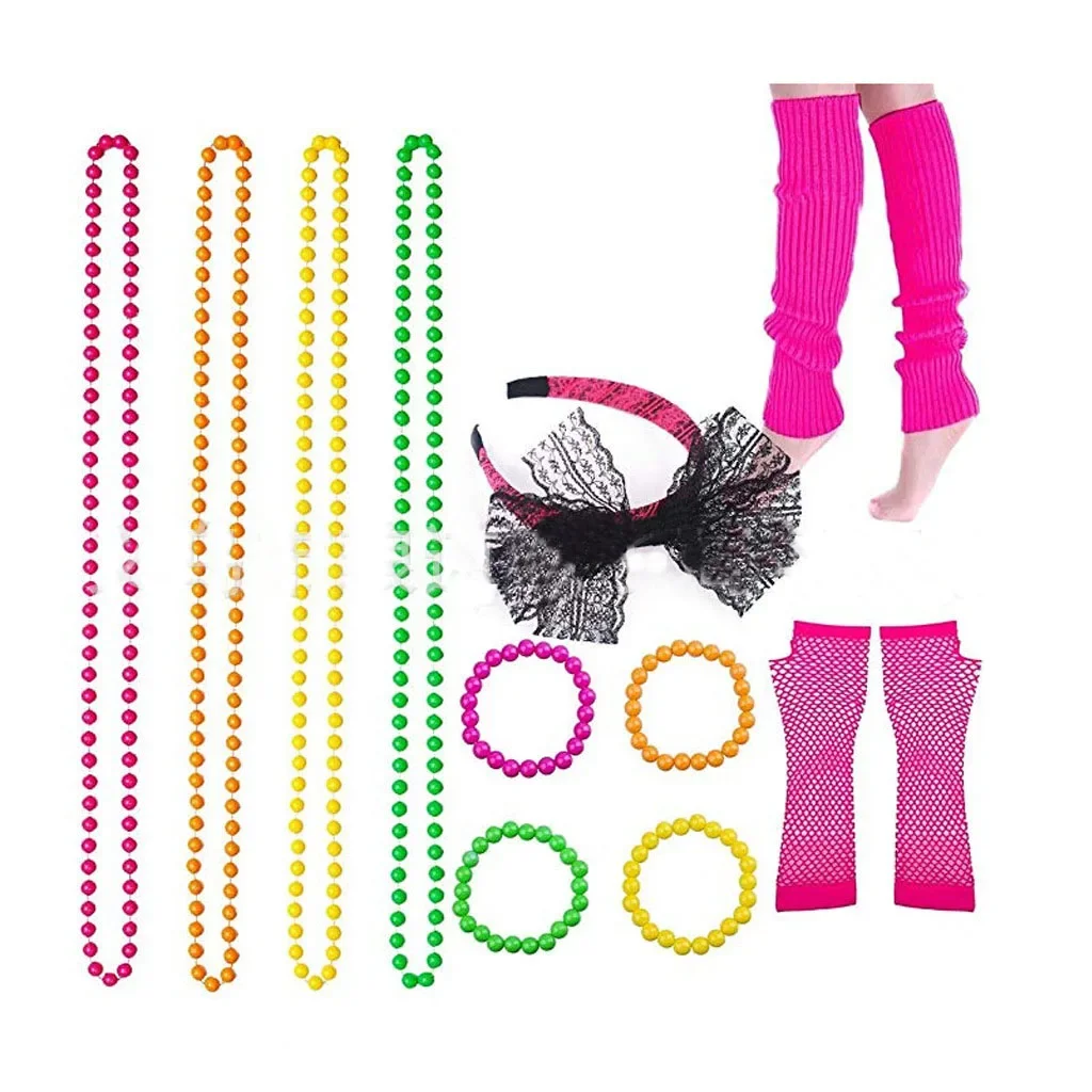 80s Neon Party Supply Fancy Dress  Outfit  Set Headband Fishnet Gloves Necklace Bracelet   Accessory Halloween Costume Cosplay