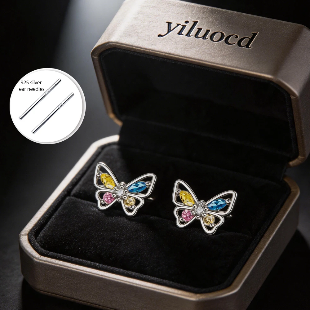 925 Silberfarbene Strass-Schmetterlings-Ohrstecker für Damen, elegante, niedliche, hohle Schmetterlings-Ohrringe, hypoallergener Schmuck