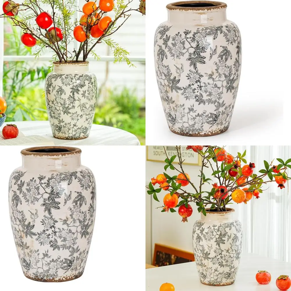 

Vintage Gray Floral Porcelain Vase, 10.2 Tall, Ice Cracked Glaze, Suitable for Flower Arrangements and Home Decor