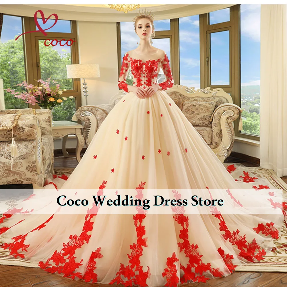 Customized Gorgeous Ball Gown Wedding Dresses With Chapel Train Princesa Appliques Pearls Long Sleeve Bride Dress Vestido De Noi