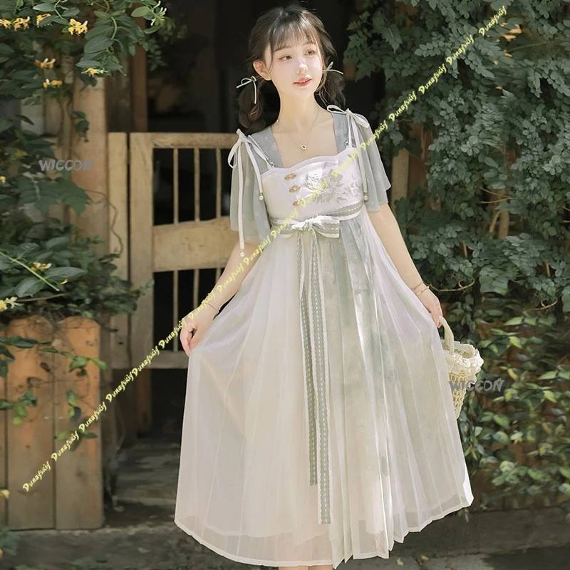 

Весеннее женское повседневное платье Hanfu в китайском стиле, зеленое милое тонкое платье с бантом, летний карнавальный костюм с вышивкой для девочек, Рождественский зал