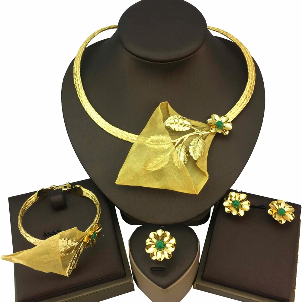 

Yuminglai Brazilian Style Fashion Bride Wedding Trendy African 24K Gold Plated Copper Jewelry Set for Women FHK18174