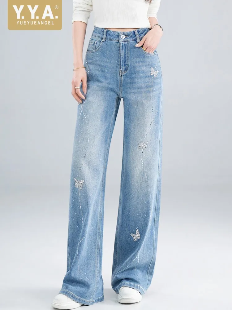 Designer Fashion Elegant Lady Work Embroidery Butterfly Diamonds Jeans High Waist Wide Leg Pants Loose Fit Denim Pants Trousers