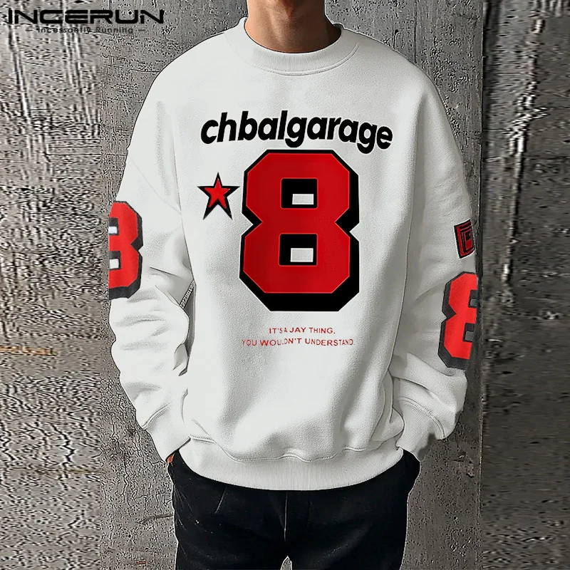 2024 INCERUN Men Casual Long Sleeve Hoodies Loose Digital Printing Commuting Sweatshirts Round Neck Simple Sport Style Pullovers