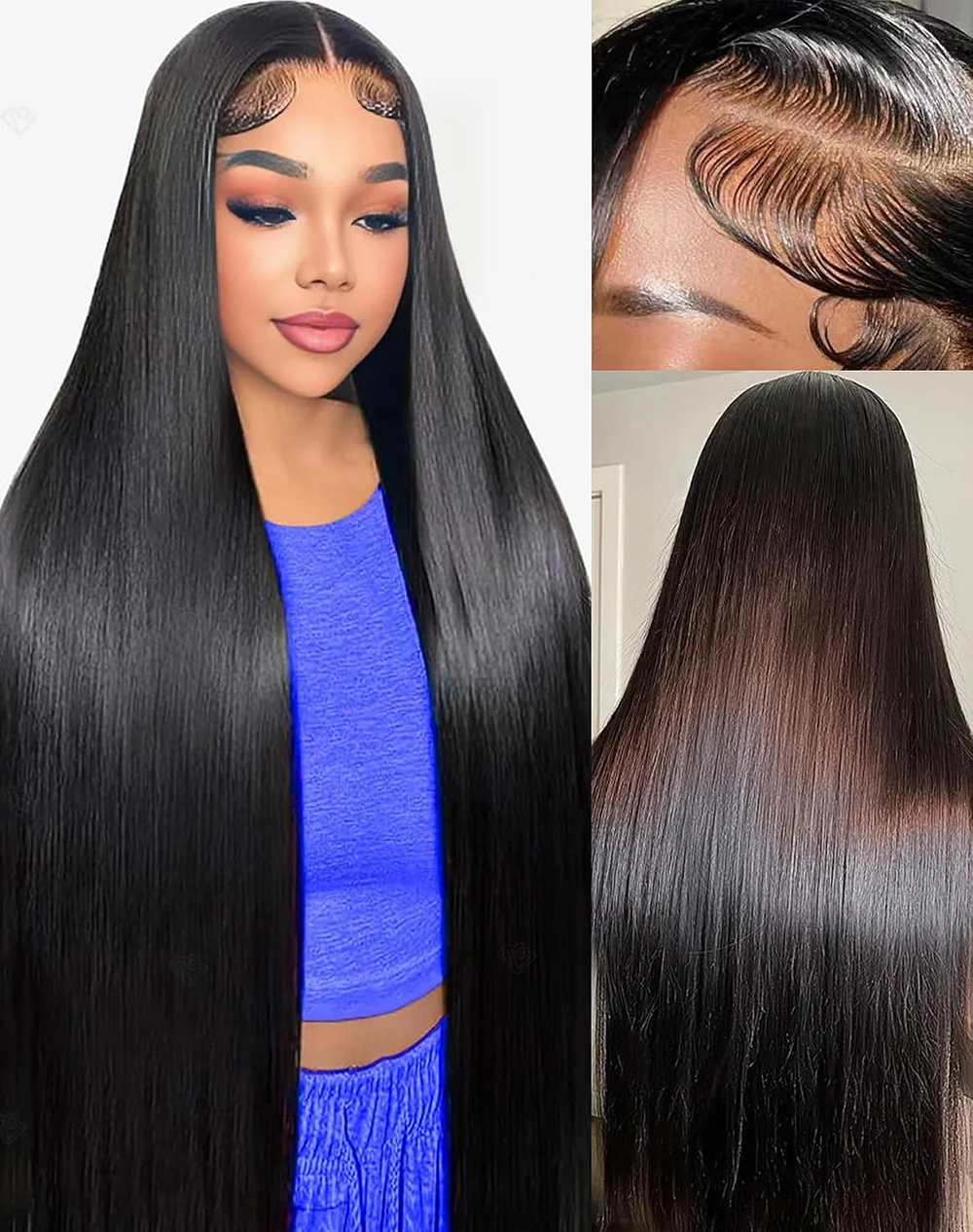 Natural Black Bone Straight Brazilian Remy Human Hair Lace Front Wig 7x6 HD Transparent Lace Pre Plucked No Glue 40 46 Inch HD Lace Frontal Wig for Women Pre Plucked 220 Density