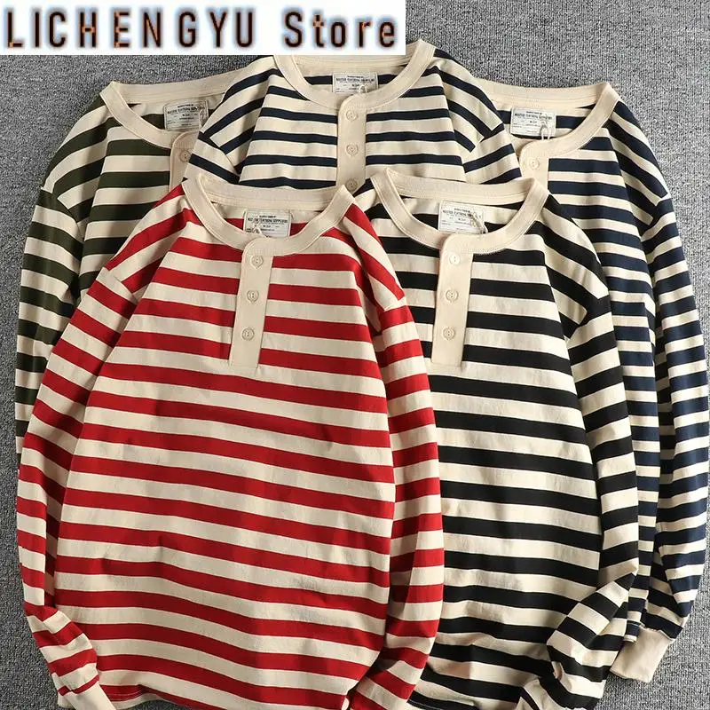 Autumn American Retro 230g Heavyweight Henry Collar Striped T-shirt Men's Fashion Washed Casual Loose