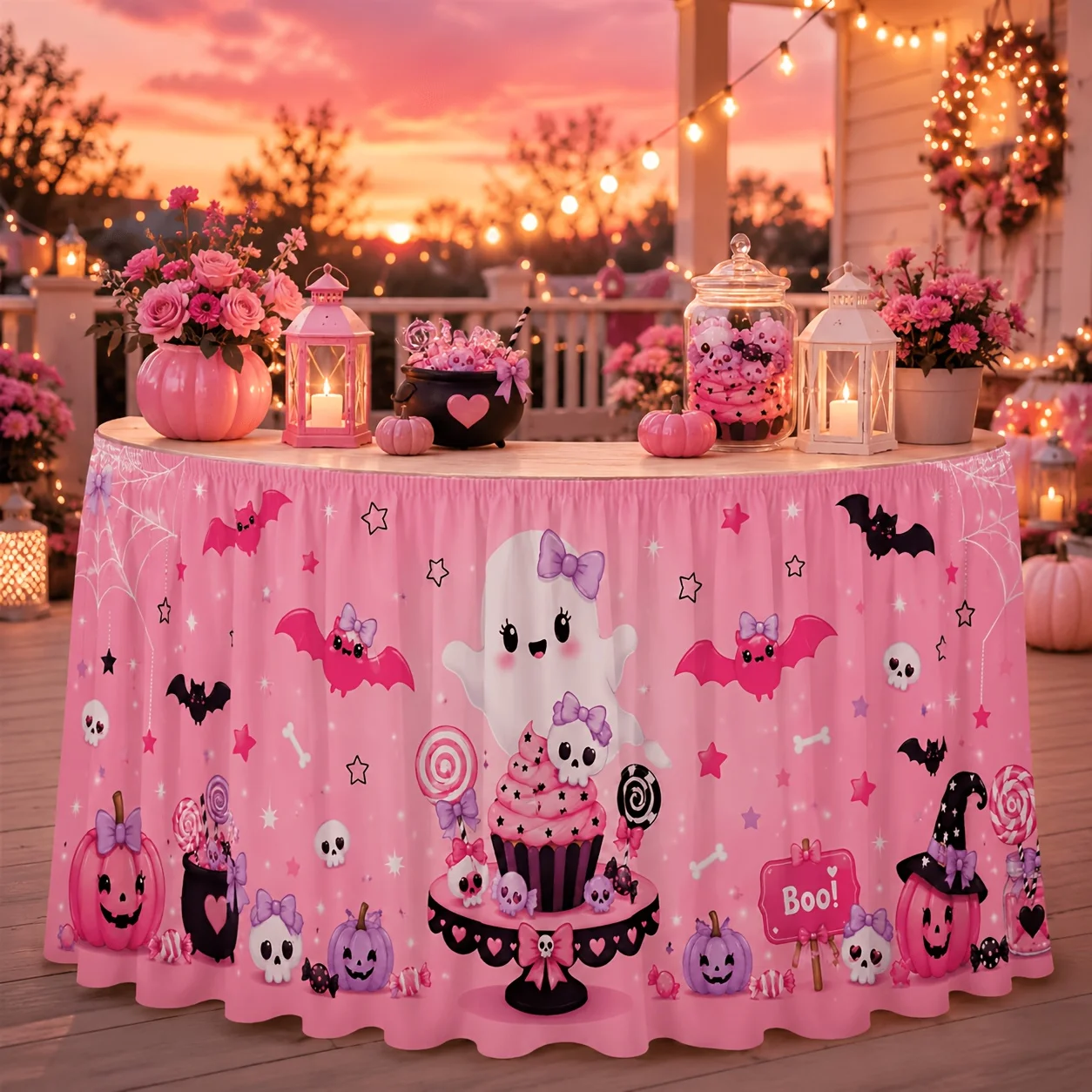 One table skirt, polyester powder color Boo, suitable for Halloween parties,café buffets, festival banquets and retail stallsxzj