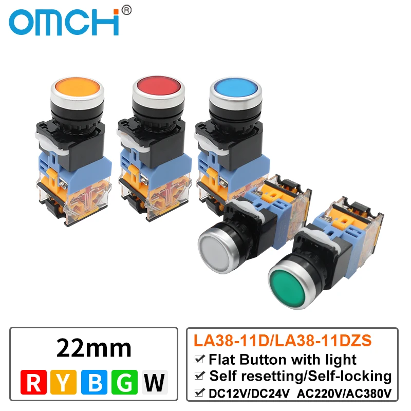 OMCH LA38-11D/LA38-DZS Flat Button Switch with Light 22mm Self-resetting Self-locking AC220V AC380V DC12V DC24V Control Button