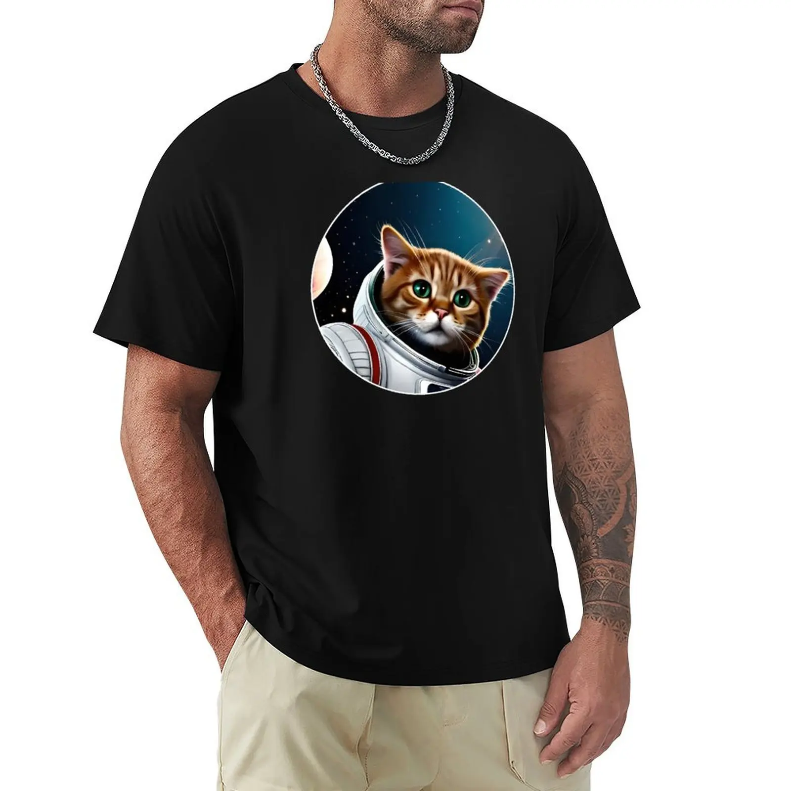 

Ginger Tabby Astronaut Cat Traveling In Space T-Shirt designer shirts aesthetic clothes Luxury man t shirts for men cotton
