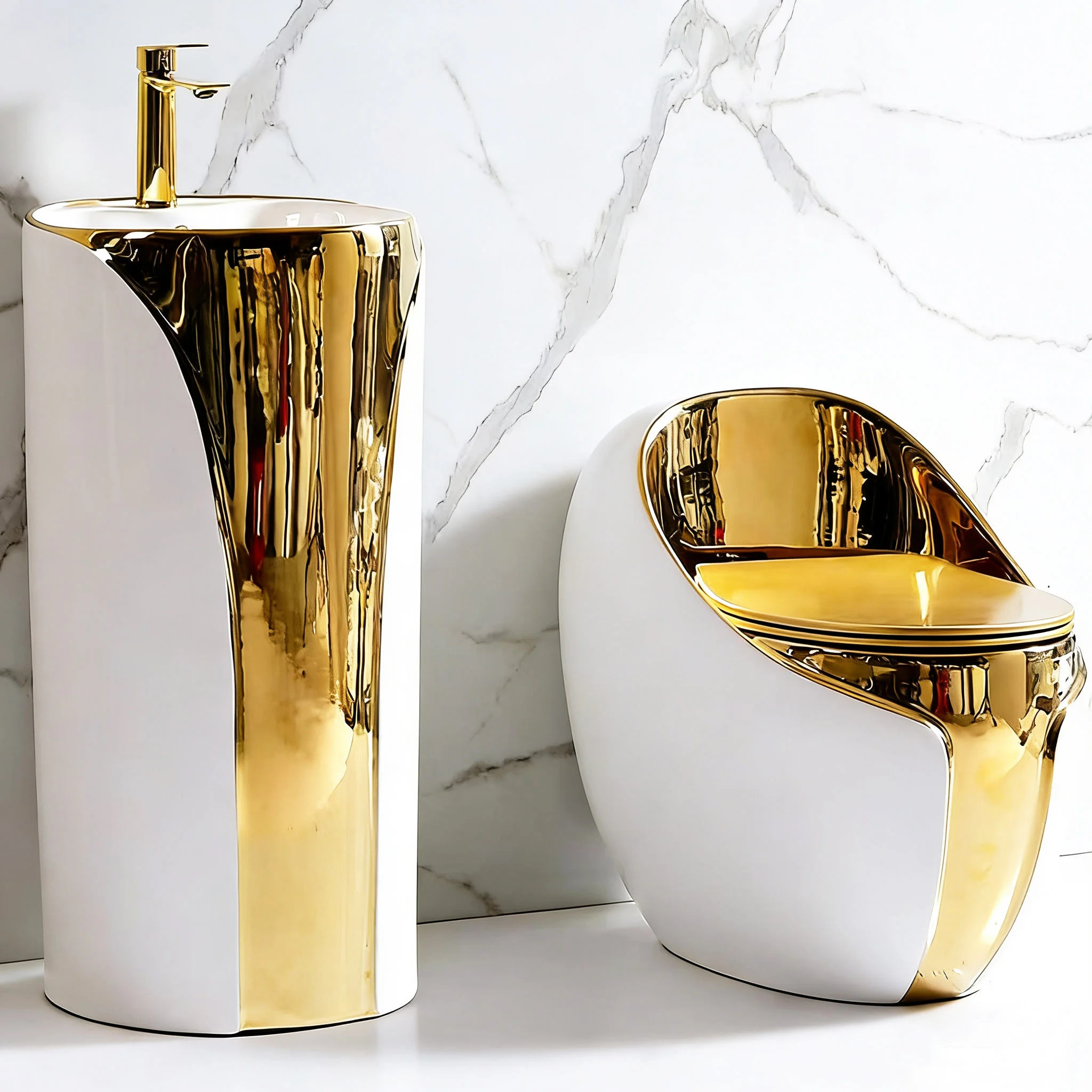 Western Design Royal Bathroom Golden Plated Toilet Set Ceramic Gold Egg Shape Toilet With Pedestal Basin For Hotel