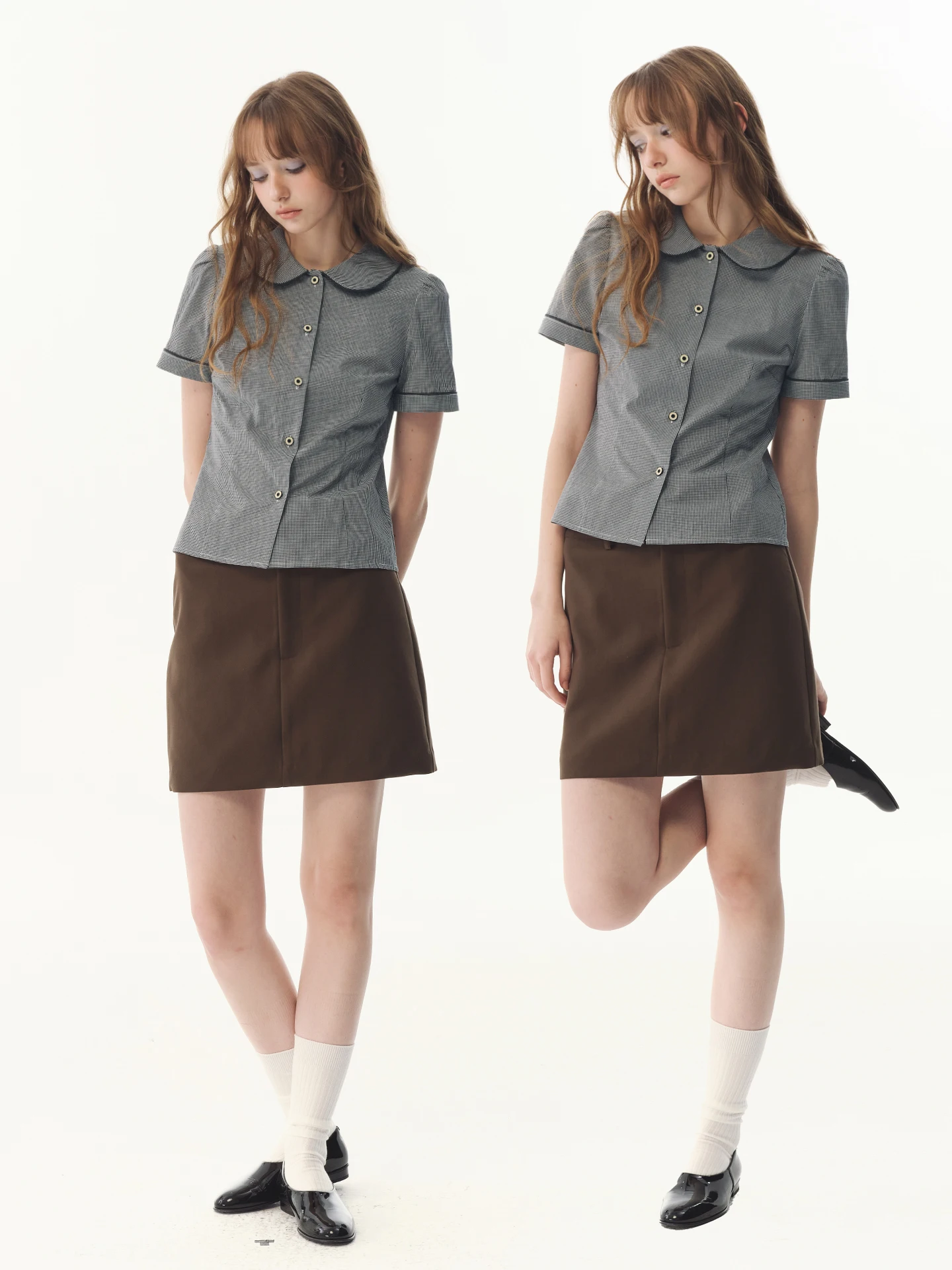 

Винтажная рубашка UNRETRO в клетку с коротким рукавом и воротником «Питер Пэн» для женщин, укороченная, с завышенной талией, из дышащего хлопка, летняя