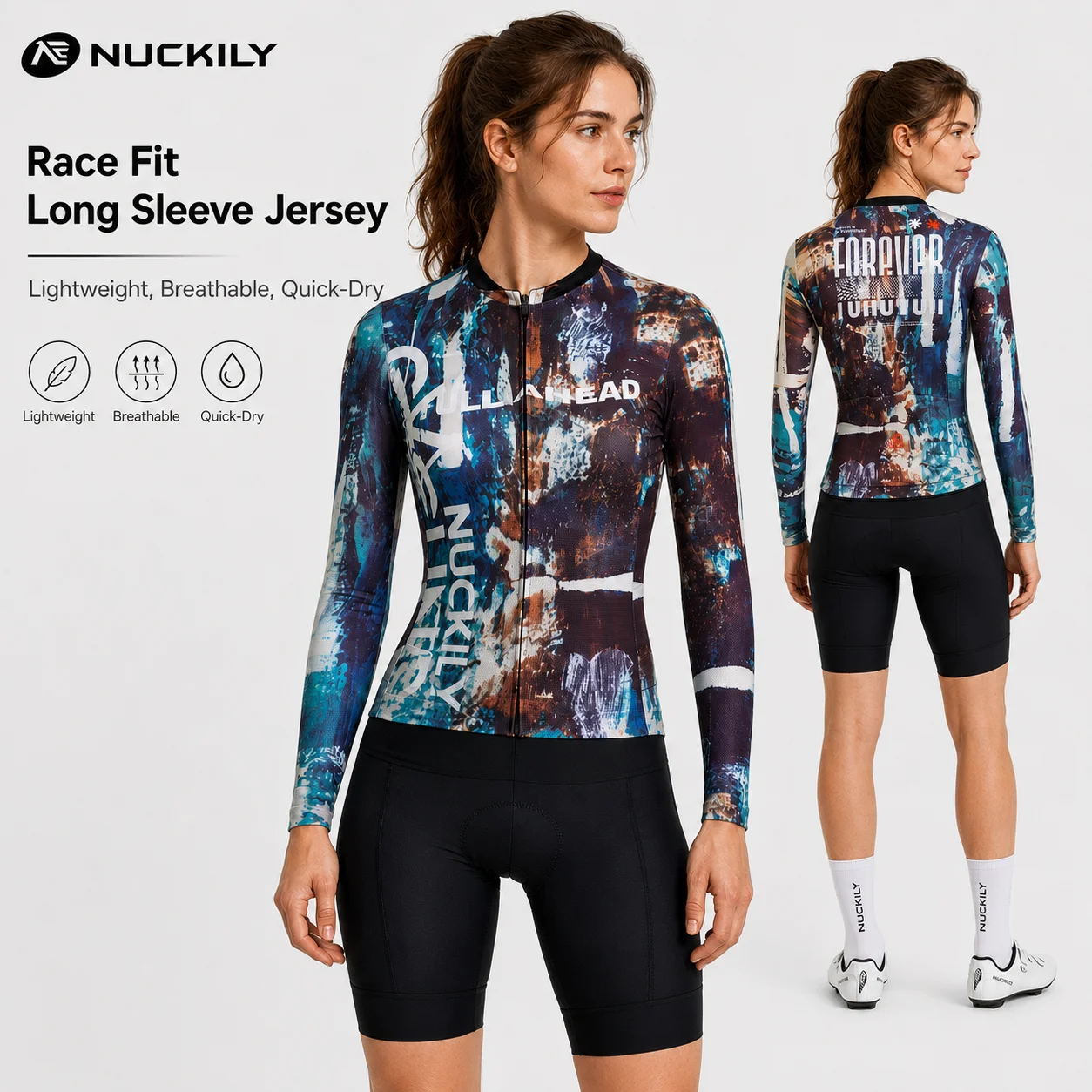 NUCKILY Women Long Sleeve Cycling Jersey Quick Dry Breathable Aero Race Fit Road Bike Shirt Lightweight Reflective MTB Top