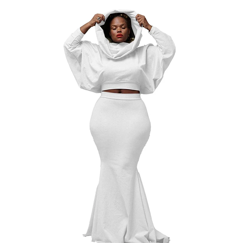 Women's Solid Color Two Piece Suits Sexy Slim Fit Fishtail Skirt Loose Long Sleeve Hooded Tops Female Comfortable Commuter Sets