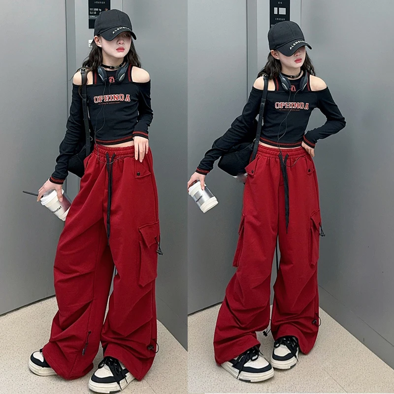 

2025 New Children Modern Jazz Dance Costumes For Girls Black Crop Tops Red Cargo Pants Suit Hip Hop Dance Streetwear DQS18365