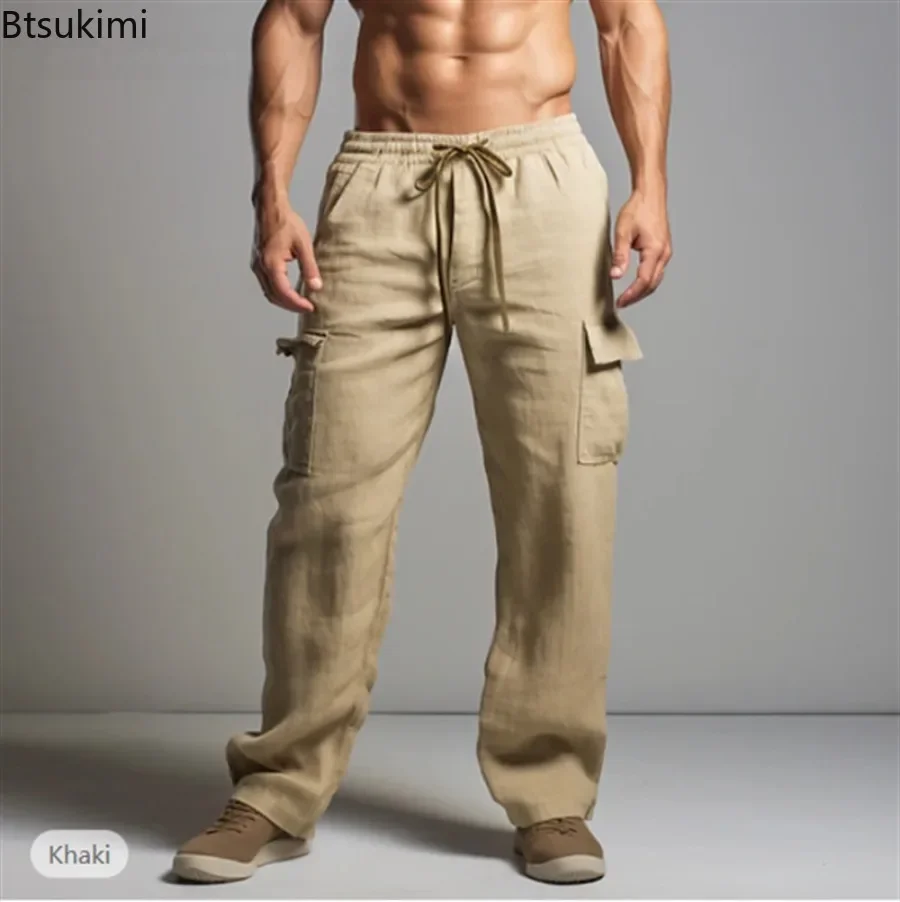 

New 2025 Men's Cotton Linen Pants Solid Casual Cargo Pants Elastic Waist Drawstring Sport Trousers Male Breathable Joggers Pants