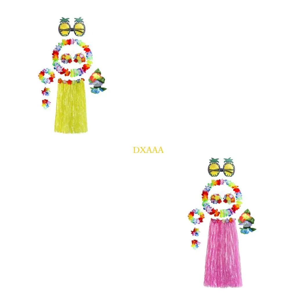 

DXAA Hawaiian Luaus Hulas Grass Skirt with Large Flower Costume Set for Halloween Dances Party Decorations Hawaiian Costume
