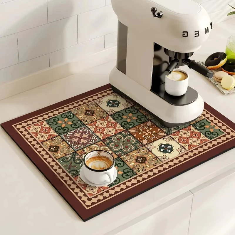VIKAMA Colorful Moroccan Mosaic Patterned Non-Slip Coffee Drip Mat, Rubber-Backed Quick-Draining Soft Mat, Home Decor