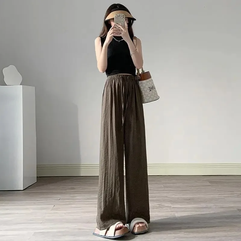 Summer Ice Silk Wide Leg Pants Women\'s Folded Yamamoto Pants High Waist Casual Japanese and Korean Straight leg Pants