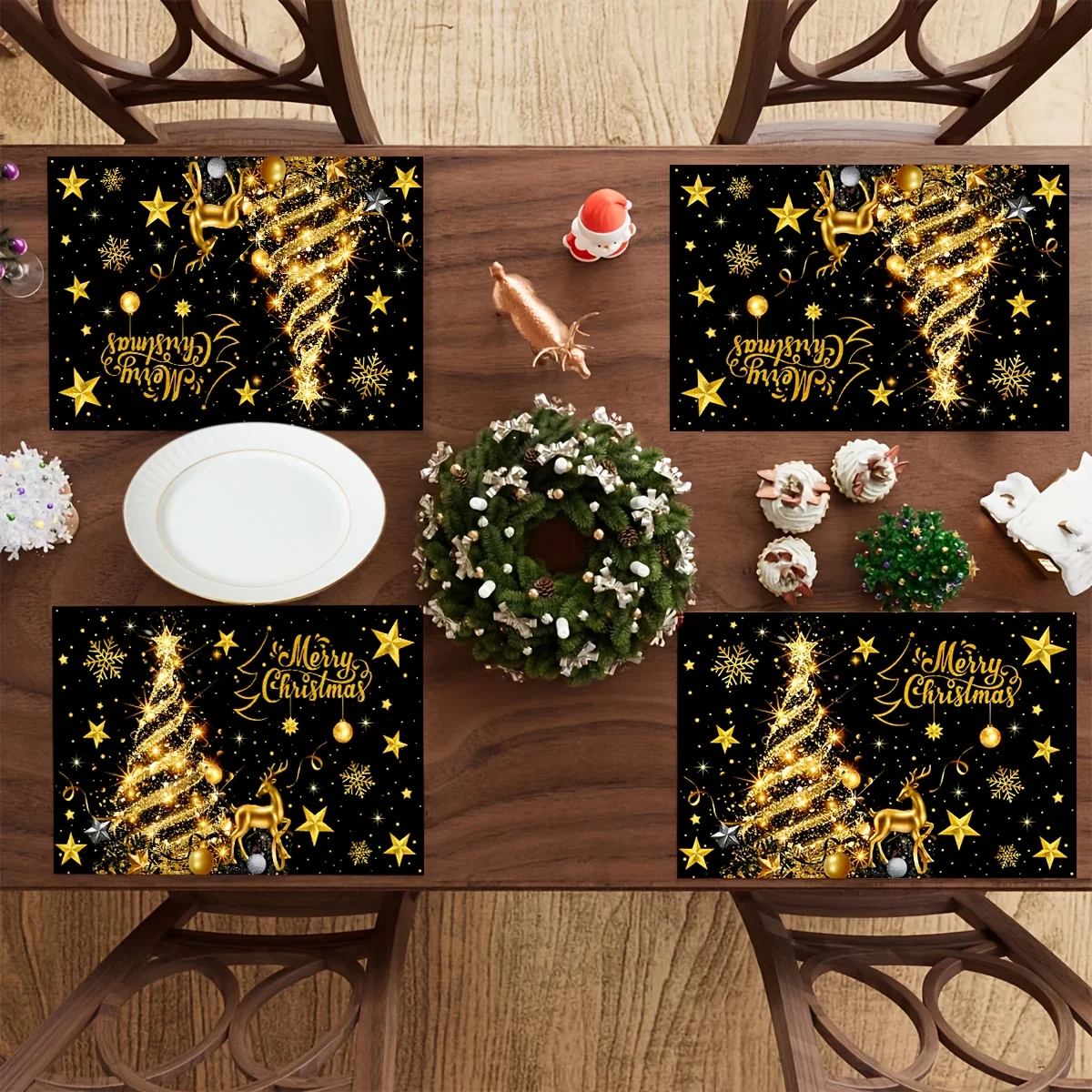 

4 шт. рождественские салфетки, черный и золотой дизайн рождественской елки с оленями, коврики для кухонного стола, вестерн