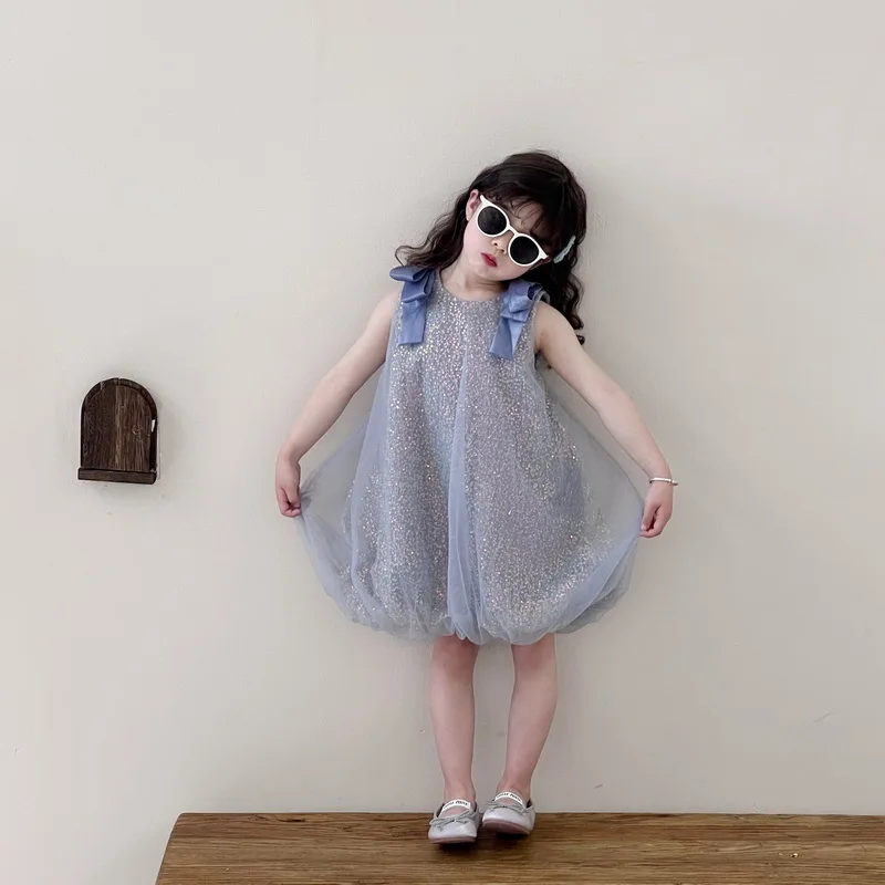 

Новое летнее платье-жилет из тюля с блестками для девочек в корейском стиле, детское блестящее детское платье с лямкой на бретельках, платье из тюля для детей 2–8 лет