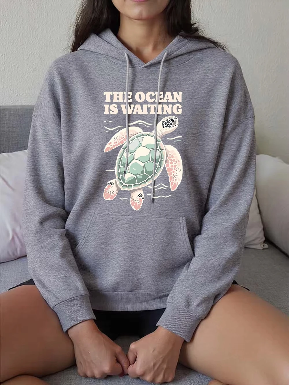 

Толстовка с принтом черепахи The Ocean Is Waiting, женский зимний флисовый пуловер, модная толстовка с карманами, повседневная свободная женская одежда