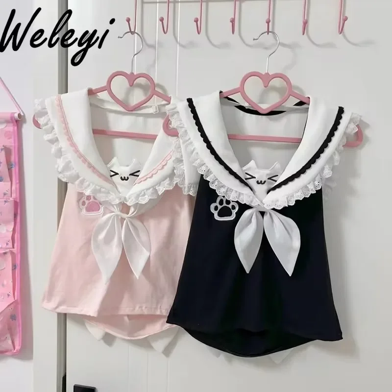 Zomer Leuke Kat Sailor Kraag Vest Vrouwelijke Student Japanse Stijl Top Zachte Meisjeskleding Kant Stiksels Mouwloos T-shirt Vrouw