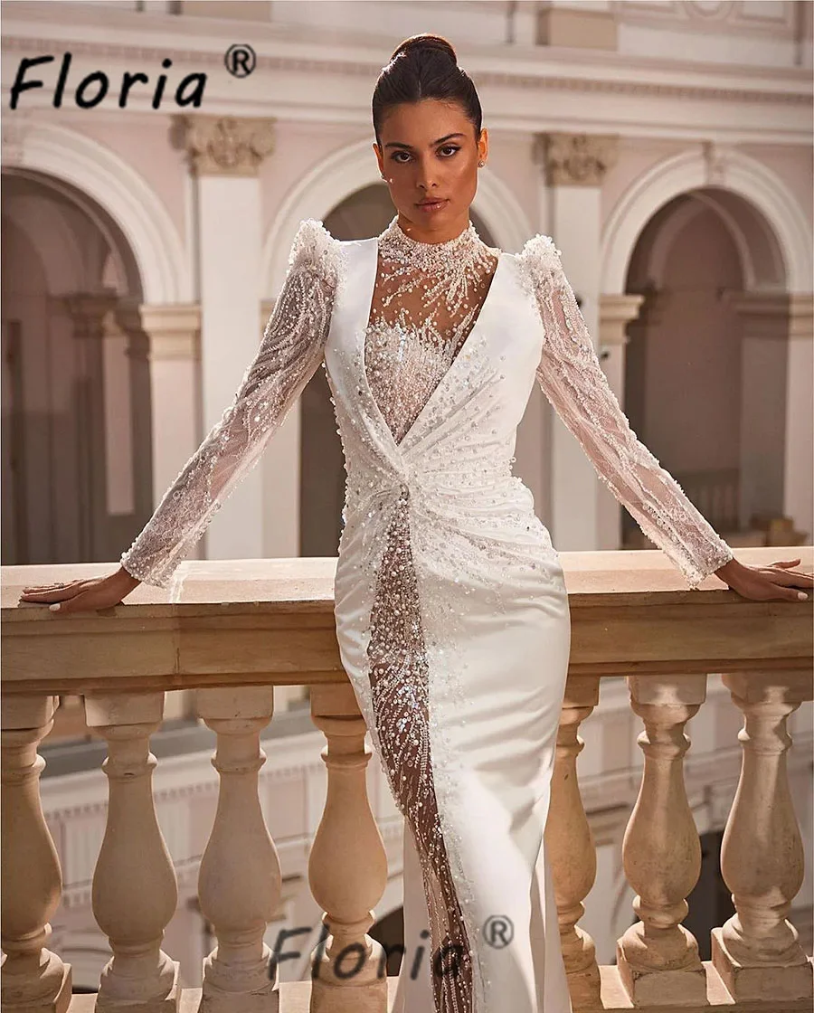 Vestido De Noiva Ivory Pearls Beadings Mermaid Wedding Dress 2024 Backless Long Sleeve Bridal Customized Dress Robe De Mariée