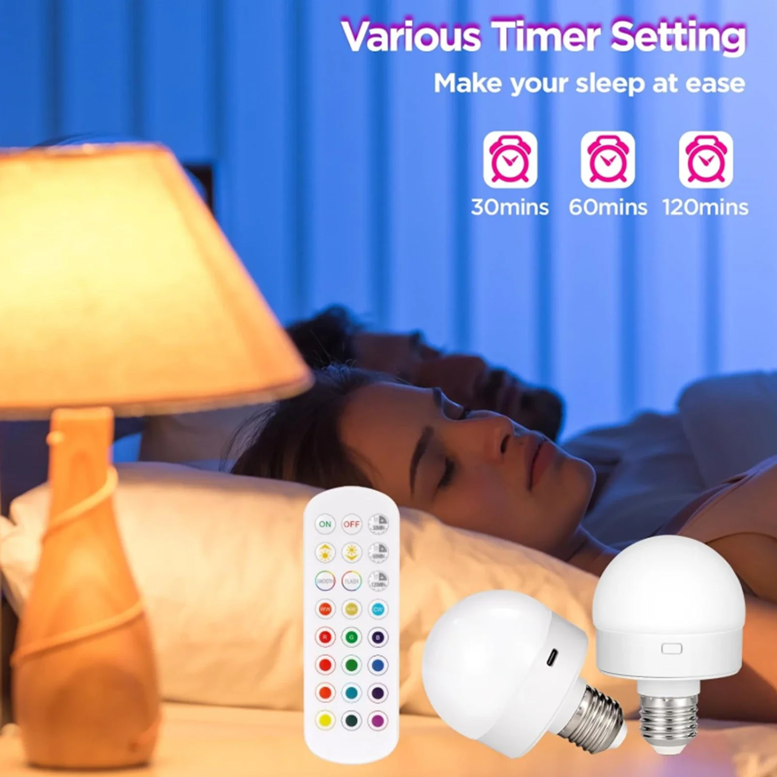 

Mood Light, remote control, intelligent dimming, ultra-long battery life, E26 interface, three color temperatures, RGB dazzling