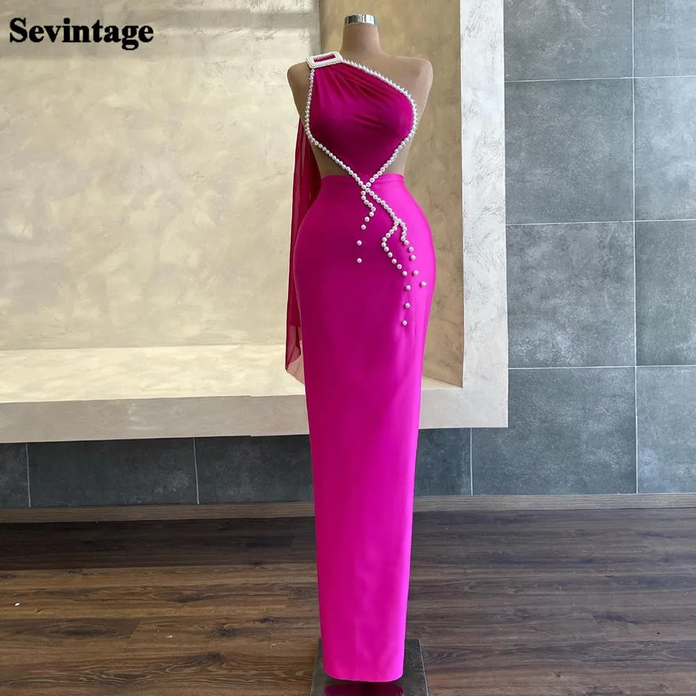 

Sevintage Fuchsia Mermaid Formal Evening Dresses One Shoulder Saudi Arabia Prom Party Dress White Pearls Women Wedding Gowns