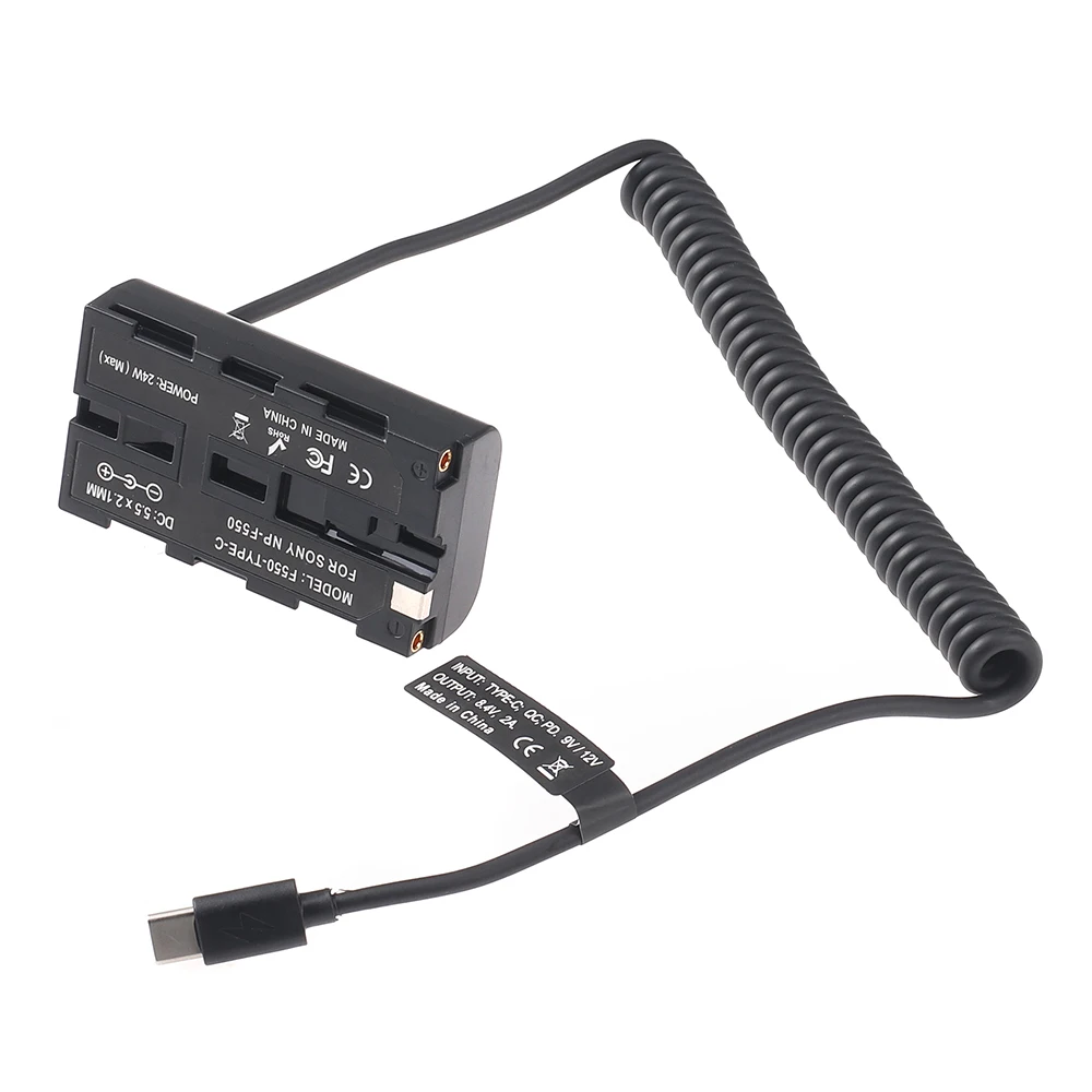 بطارية الدمية NP-F550 بطارية افتراضية + كابل سلك زنبركي من النوع C 9 فولت/3 أمبير 8.4 فولت/3 أمبير 22AWG، OD3. ملحقات التصوير الفوتوغرافي مقاس 5 مم