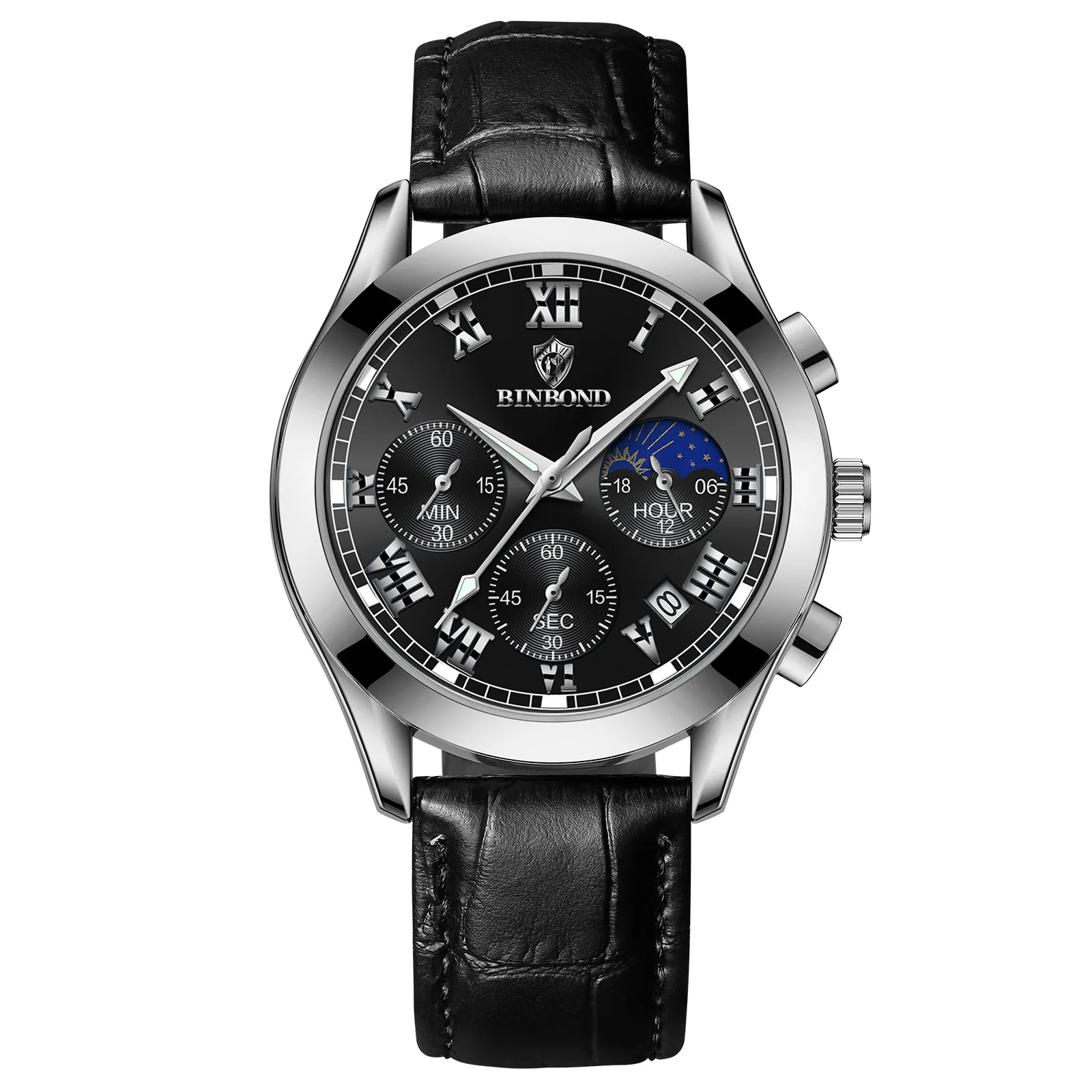 BINBOND Luxury Quartz Men's Watch Multifunctional Chronograph 6‑Hand Luminous Waterproof Leather Business Wristwatch Gift