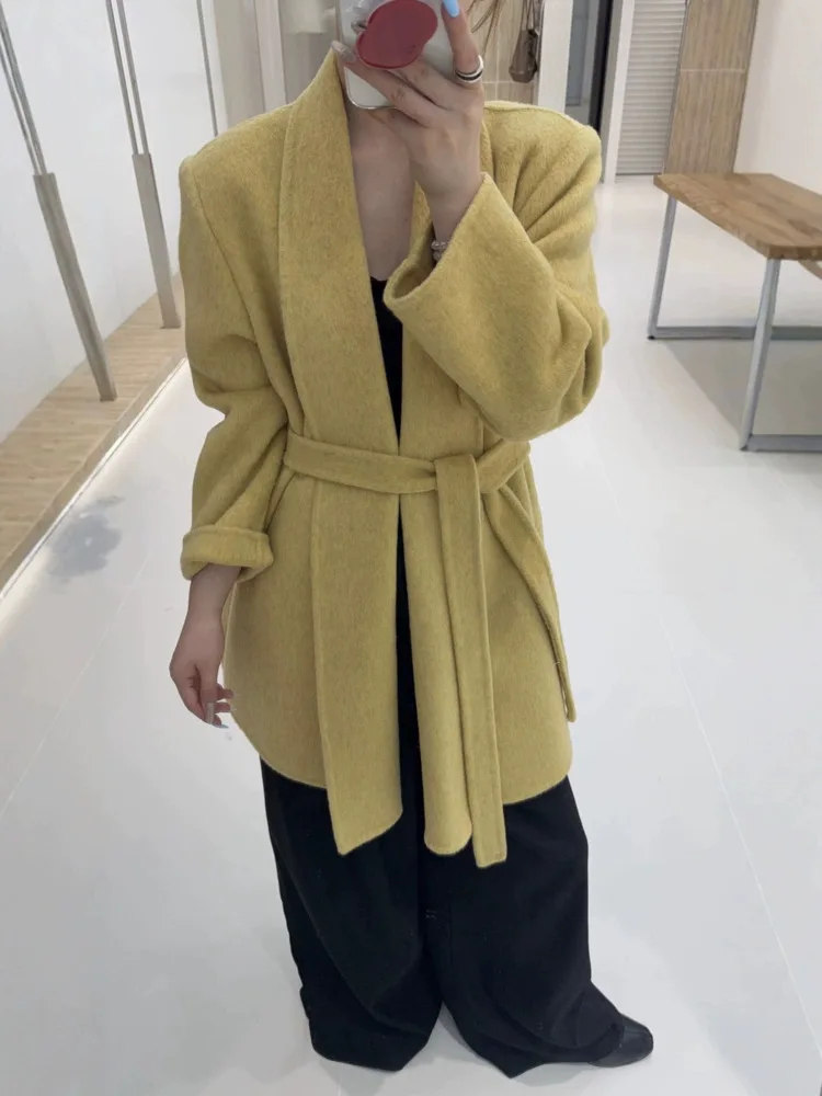 ZMEENNA グリーンショールカラーベルト付きコート女性のためのエレガントな長袖オープンフロントカーディガンジャケット冬に最適 ZM3588