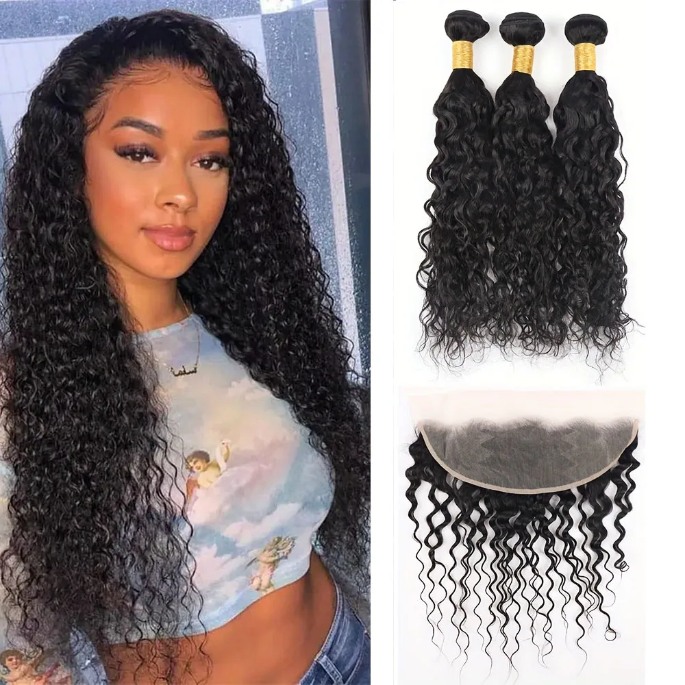 موجة المياه حزمة الشعر البشري مع الدانتيل أمامي 13x4 الدانتيل الشفاف عالية 150% الكثافة ضفيرة شعر برازيلي لتمديد شعر مستعار #1