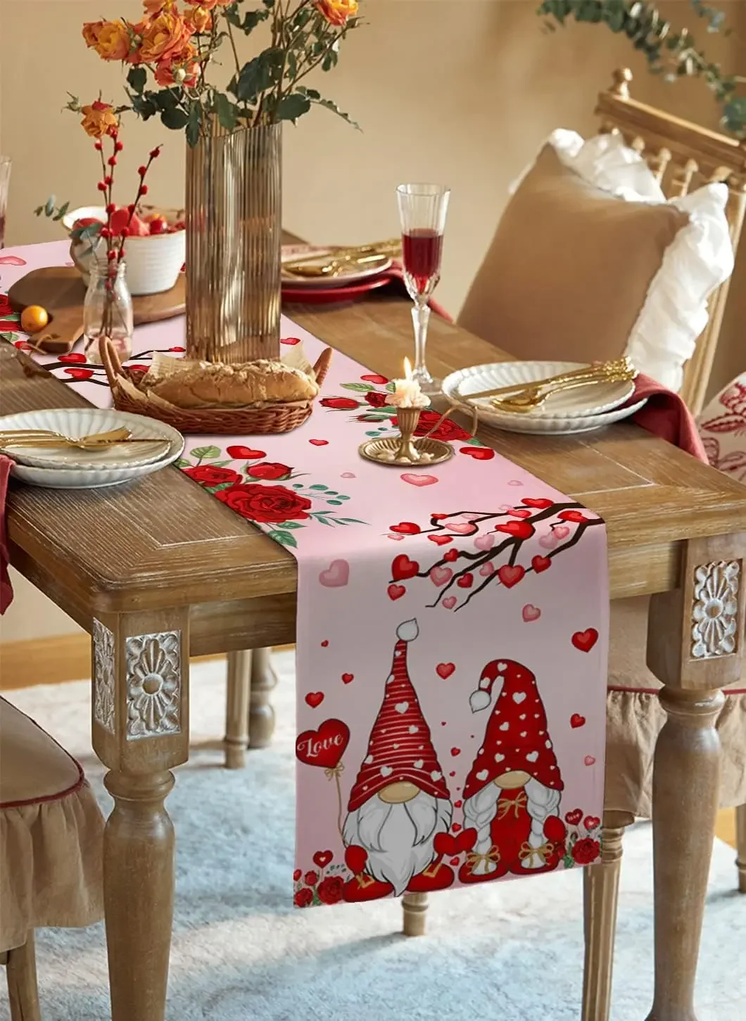 Valentine's Day Love Tree Gnome Linen Table Runners Wedding Decor Washable Kitchen Table Runners Valentine's Day Decorations