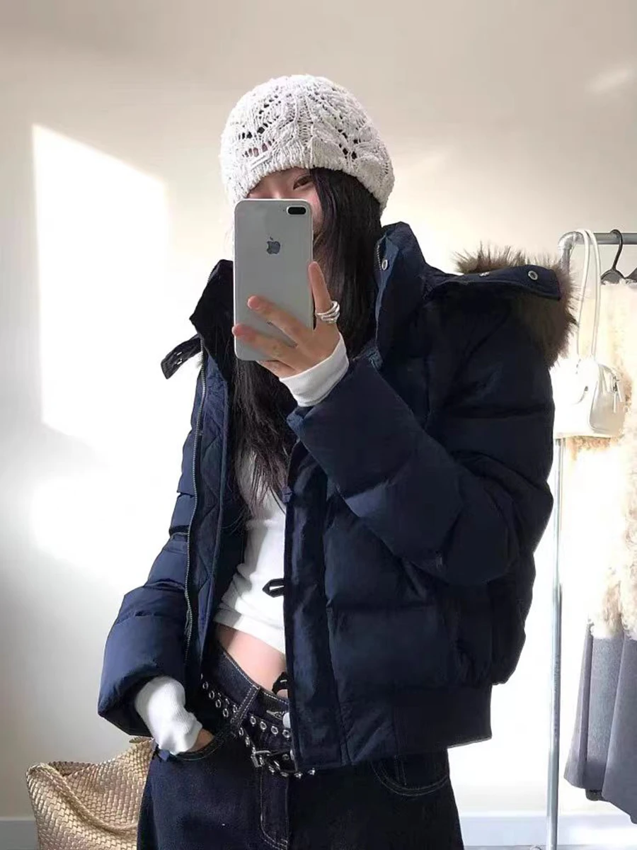 الشتاء المرأة أسفل سترة الأزرق الداكن المألوف فضفاض عارضة مقنعين سترة قطن الكورية نمط الفراء طوق معطف سميك جديد