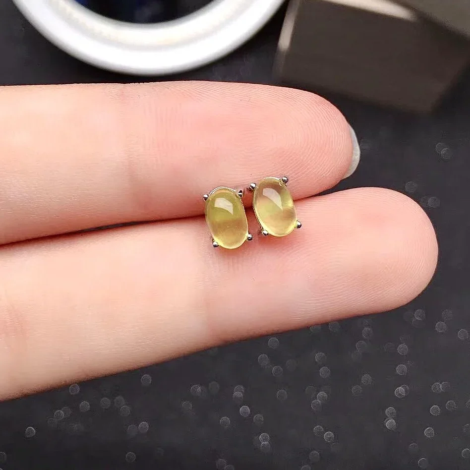 

Simple 925 Silver Gemstone Stud Earrings 4mm*6mm Natural Yellow Prehnite Earrings Sterling Silver Prehnite Jewelry