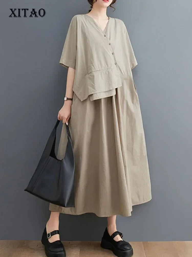 

XITAO False Two Pieces Dress Asymmetrical V-neck Solid Color Patchwork Casual Women New Arrival Short Sleeve Dress DMJ1237