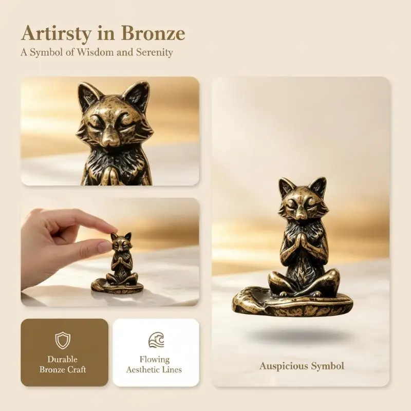 Brass Fox Statue Handcrafted Mini Copper Figurine Rustproof Animal Sculpture for Desk Office Home Decor Gift