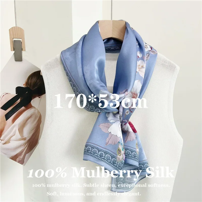 High-End 100% Pure Silk Scarf 170x53cm Large Shawl Wrap Spring Summer Silk Scarves Poncho Breathable Soft Smooth Bandana Bufanda