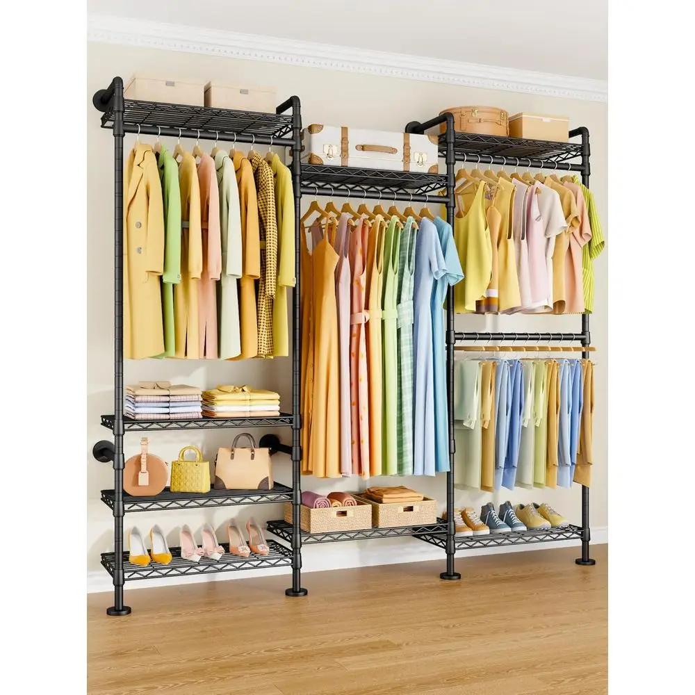 Perchero M6 de pared resistente con 8 estantes y 4 perchas, 68,5 ancho x 11,8 profundidad x 86,6 alto, negro, capacidad para 1064 libras