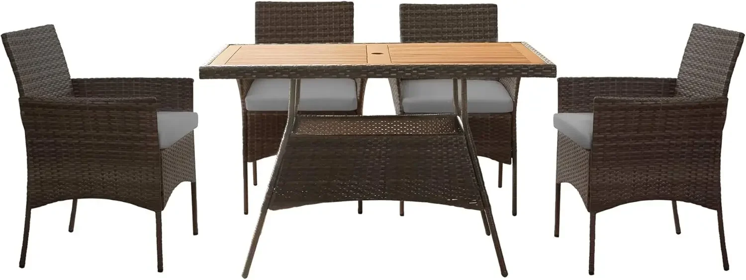 

Teamson Home Outdoor PE Rattan Dining Set for Four, Removable Water-Resistant Cushions, Acadia Wood-Slated Table Top for Patio
